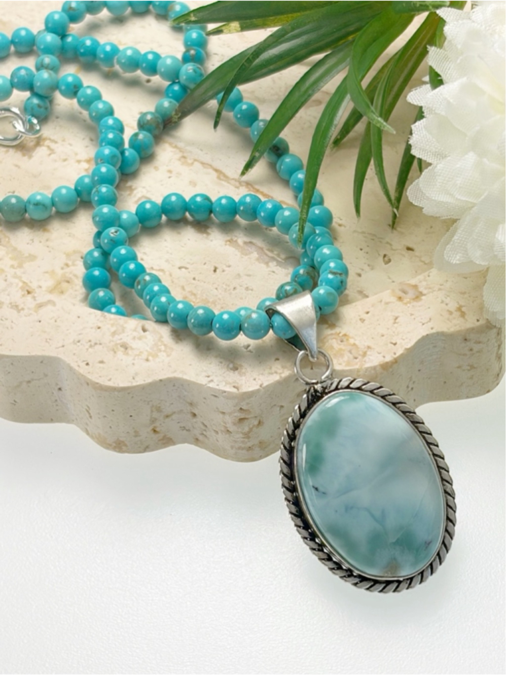 Larimar Pendant Southwest Oval Turquoise Necklace Sterling Silver 925 Overlay